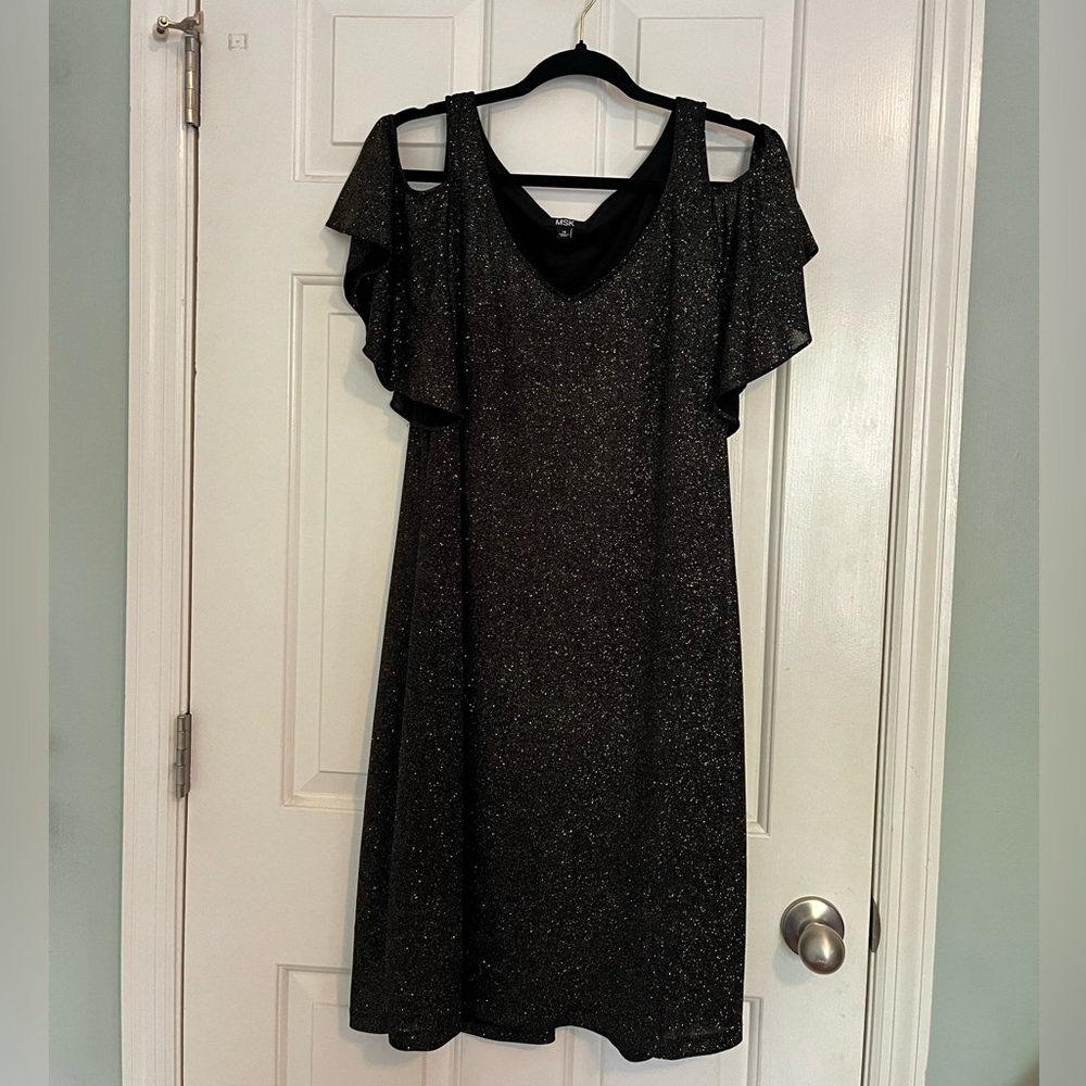 MSK Black and Gold Cold Shoulder glitter dress